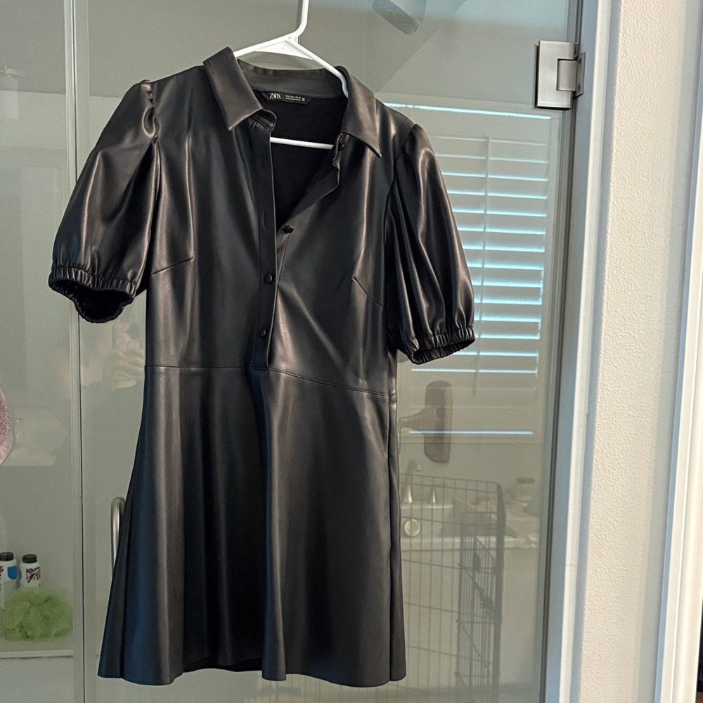 Zara Black Faux Leather Puff Sleeve Dress